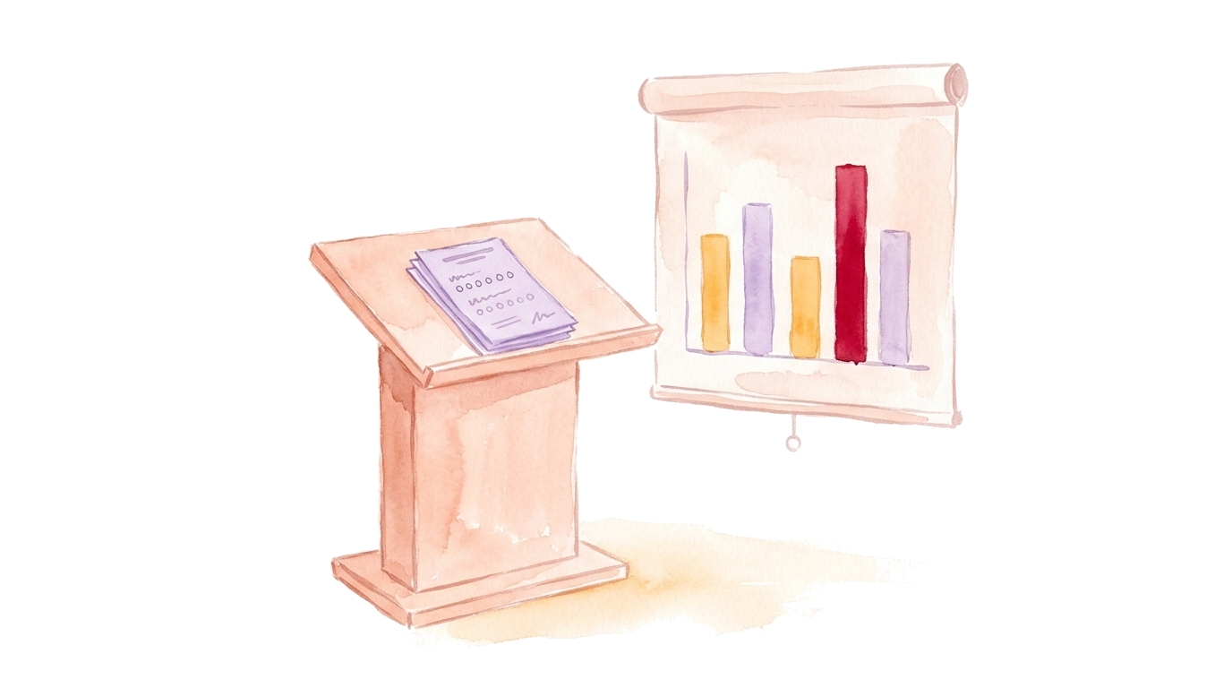 Watercolor-Illustration: ein Lesepult mit Evaluationsbögen und dahinter eine Projektionsleinwand mit Live-Balkendiagramm und hervorgehobenem Balken, ohne Personen.