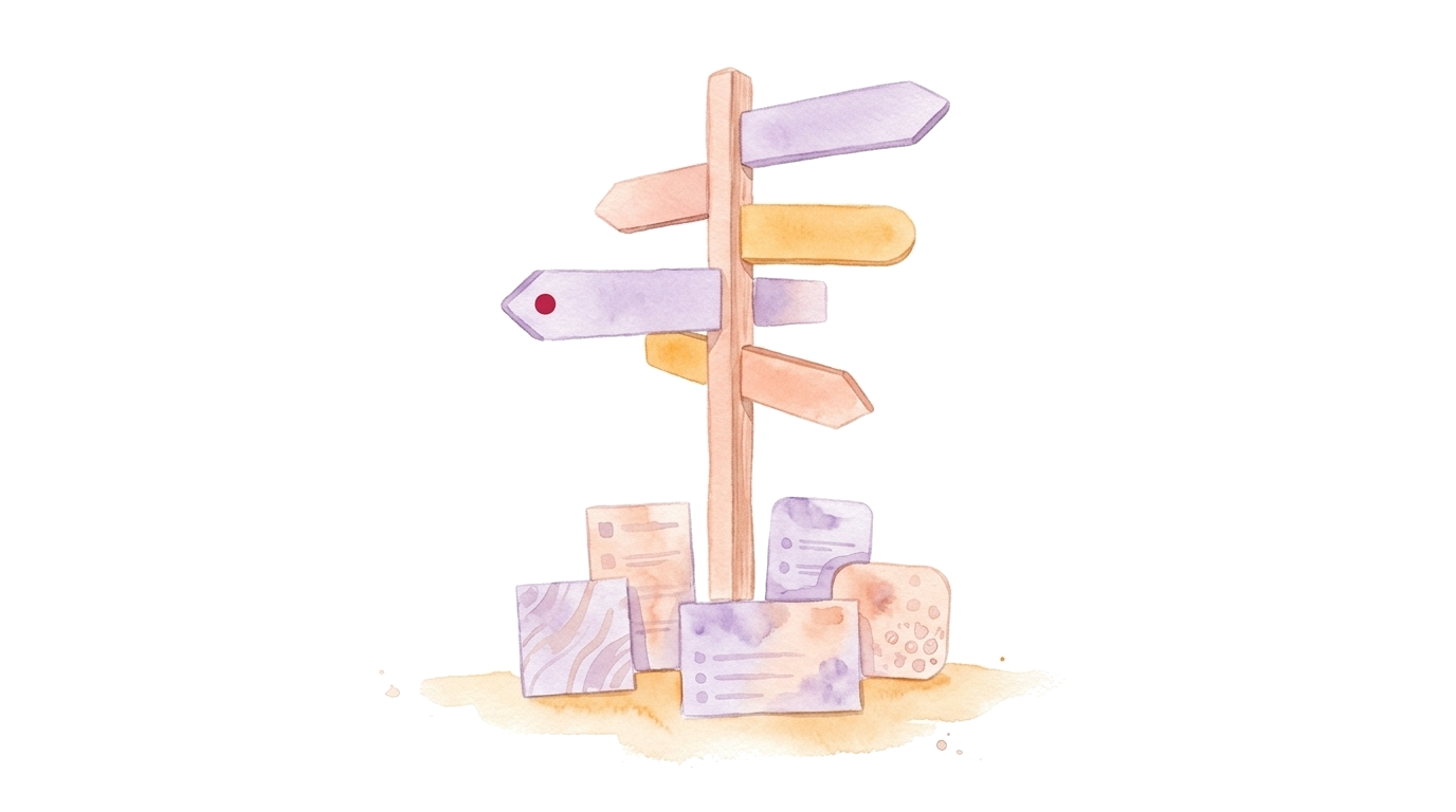 Watercolor-Illustration: ein Wegweiser mit unterschiedlich geformten, leeren Schildern, an seinem Fuß eine Gruppe verschiedener Fragebogen-Karten, ohne Personen.