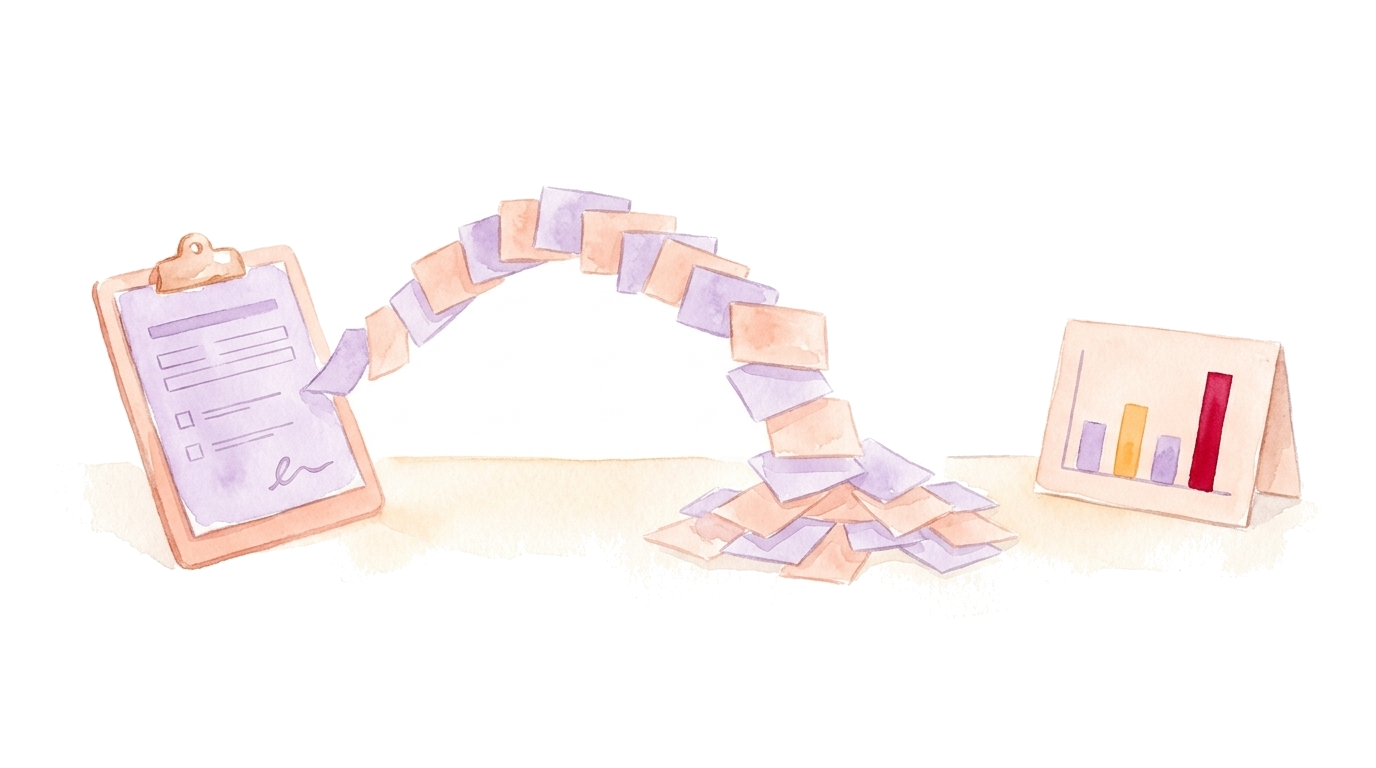 Watercolor-Illustration: ein Formular auf einem Klemmbrett, aus dem viele Antwortkarten in einen offenen Stapel fließen, daneben eine Präsentationsfolie mit hervorgehobenem Balken, ohne Personen.