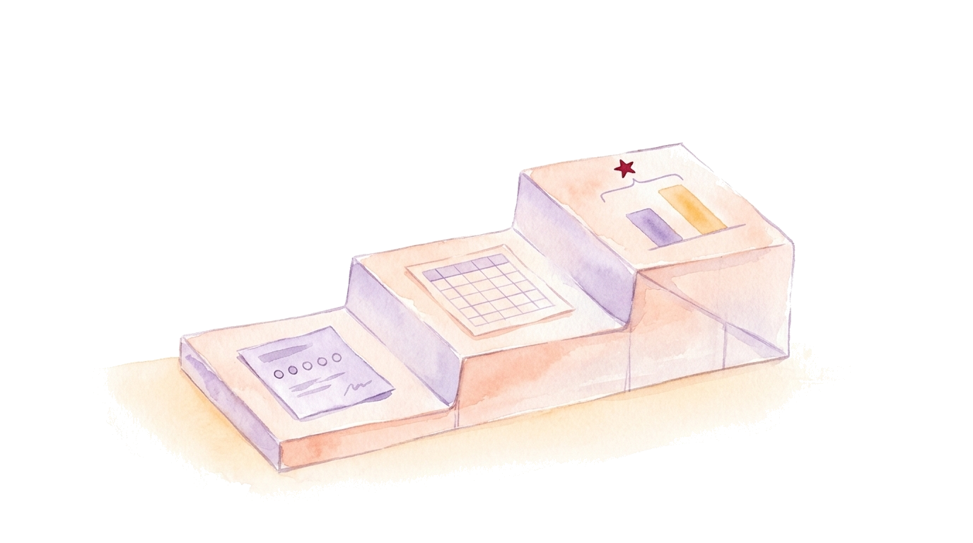 Watercolor-Illustration: drei Papierstufen mit Fragebogen-Zettel, Datentabelle und einem Auswertungsblatt mit Signifikanz-Klammer und hervorgehobenem Stern, ohne Personen.