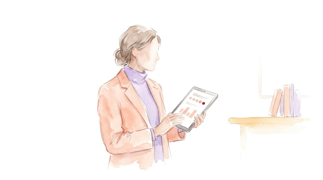 Watercolor-Illustration: Person mit Tablet, Likert-Skala auf dem Display mit einem rot hervorgehobenen Antwortpunkt