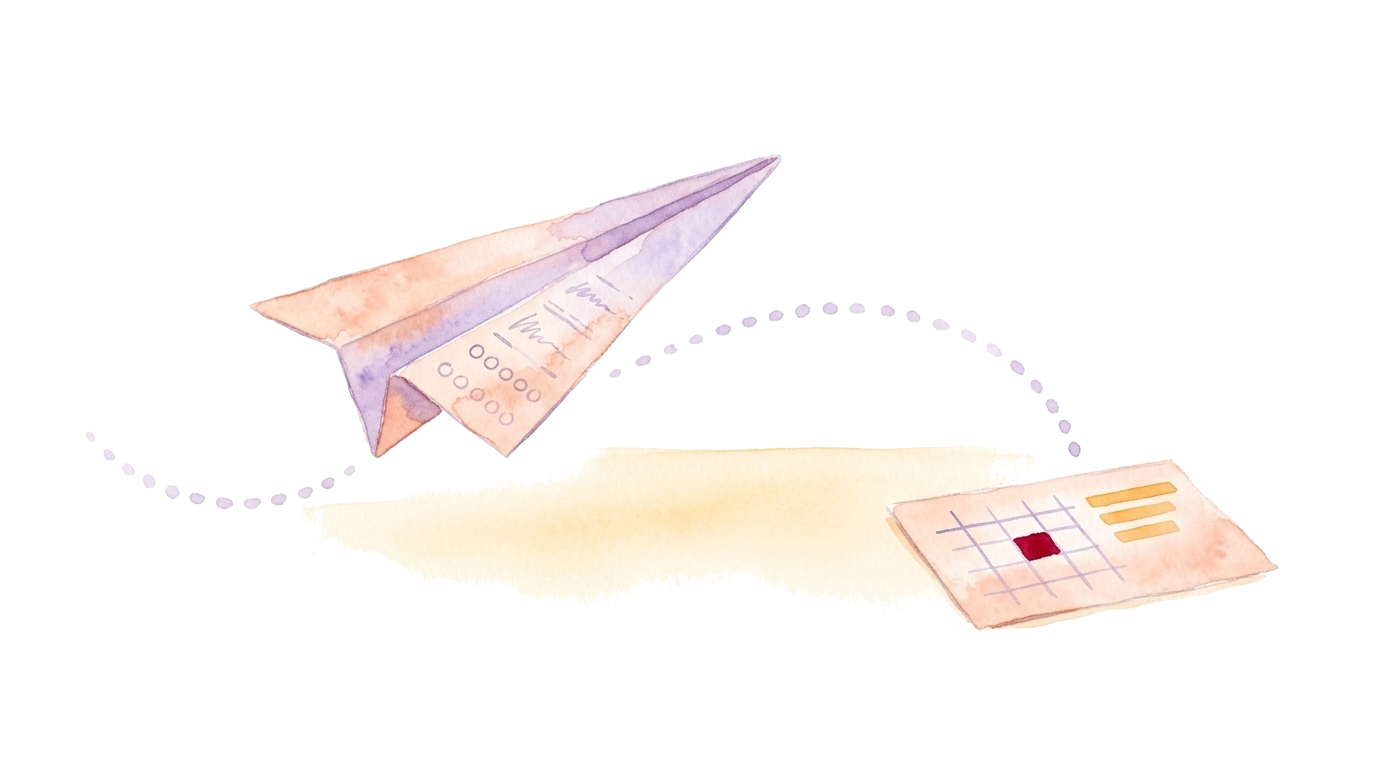 Watercolor-Illustration: ein Papierflieger aus einem Fragebogen-Blatt hebt ab und folgt einer gepunkteten Bahn zu einer Auswertungs-Karte mit Kreuztabelle und hervorgehobener Zelle, ohne Personen.