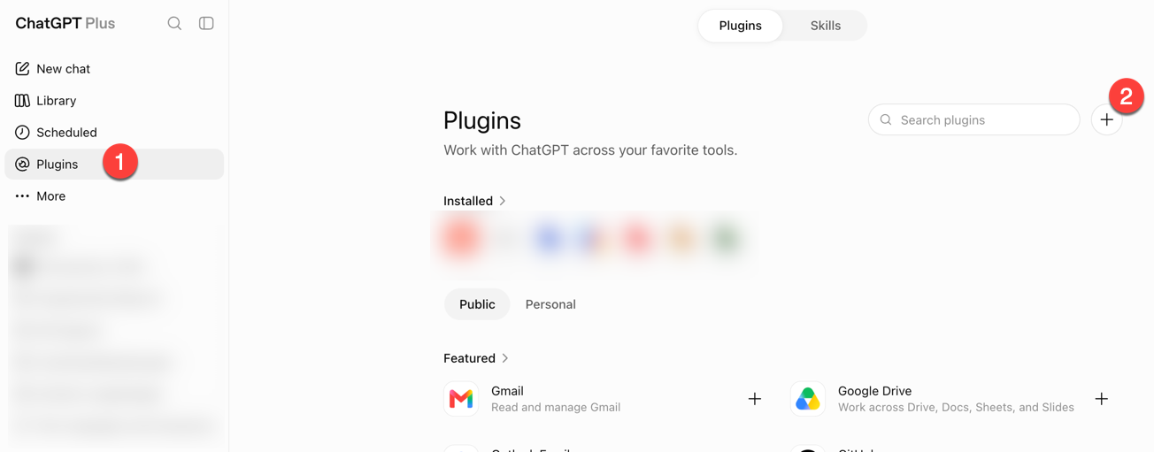 ChatGPT — Bereich Plugins mit dem Seitenleisten-Eintrag Plugins und dem Plus-Button oben rechts