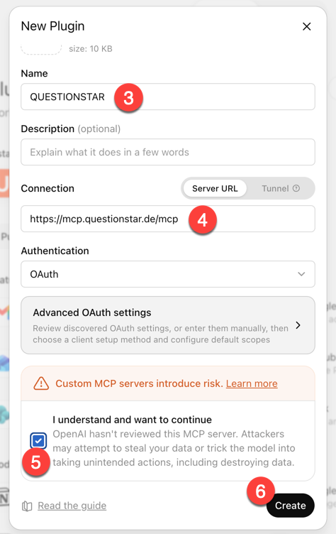 ChatGPT — Dialog New Plugin mit dem Namen QUESTIONSTAR, der Server-URL https://mcp.questionstar.de/mcp, dem Bestätigungs-Häkchen und dem Button Create