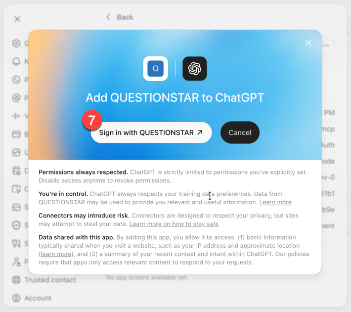 ChatGPT — Dialog Add QUESTIONSTAR to ChatGPT mit dem Button Sign in with QUESTIONSTAR