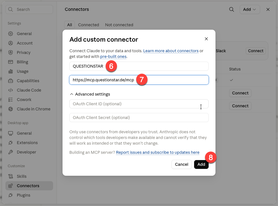 Claude Desktop — Dialog Add custom connector mit dem Namen QUESTIONSTAR und der URL https://mcp.questionstar.de/mcp