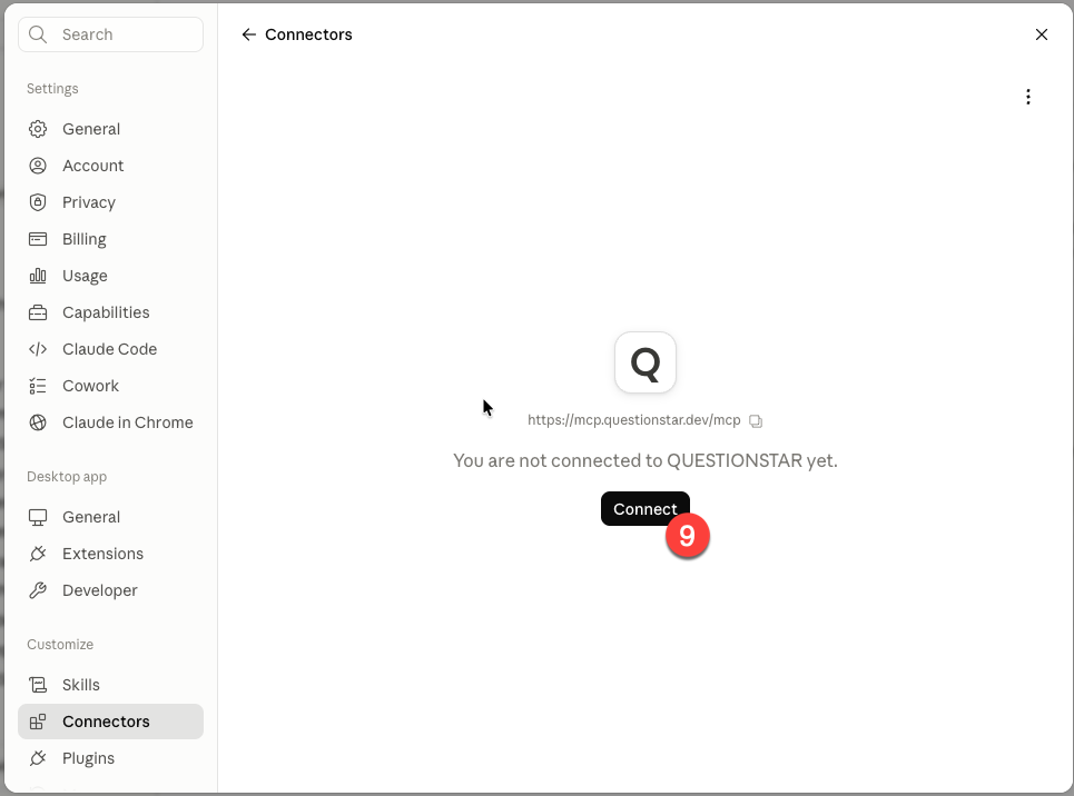 Claude Desktop — Connector-Seite QUESTIONSTAR mit dem Button Connect