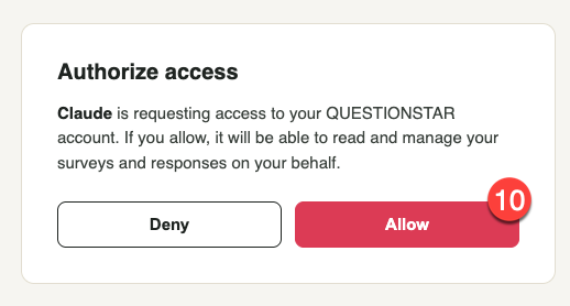 QUESTIONSTAR-Dialog Authorize access mit den Buttons Deny und Allow