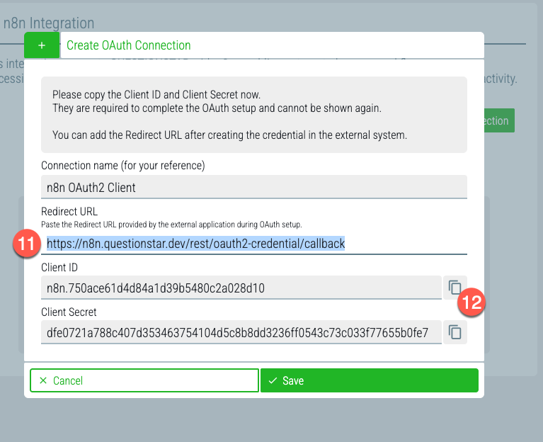 Felder Redirect URL und Client ID in QUESTIONSTAR