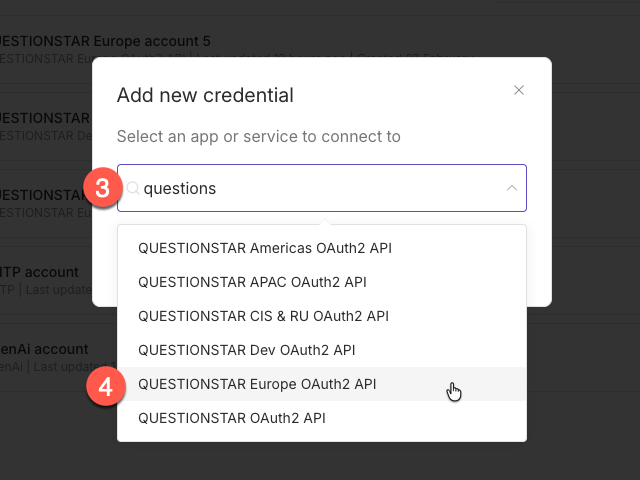 Dialog Add new credential — Suche nach questionstar