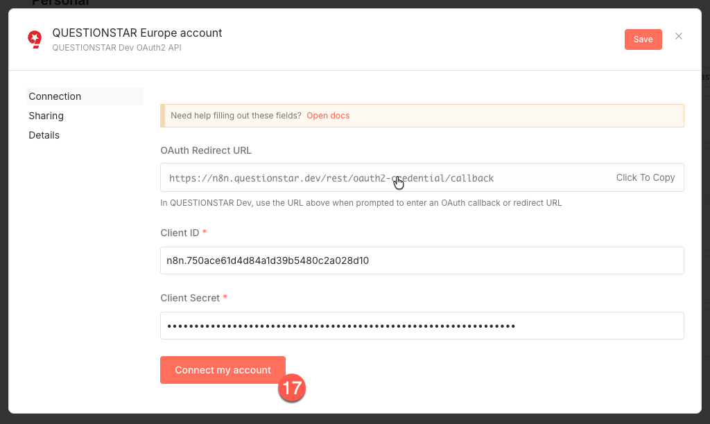Button Connect my account in n8n