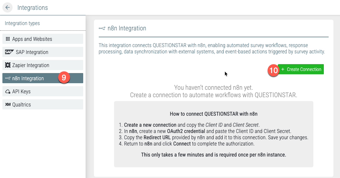 n8n-Integrationsseite in QUESTIONSTAR