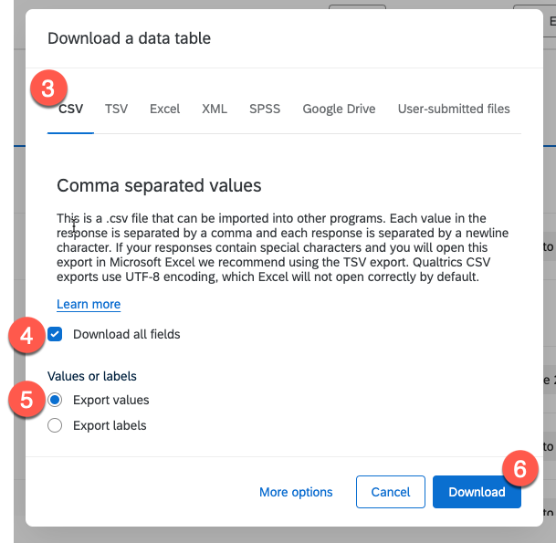 Qualtrics Export-Dialog — CSV-Format, Download all fields, Export values