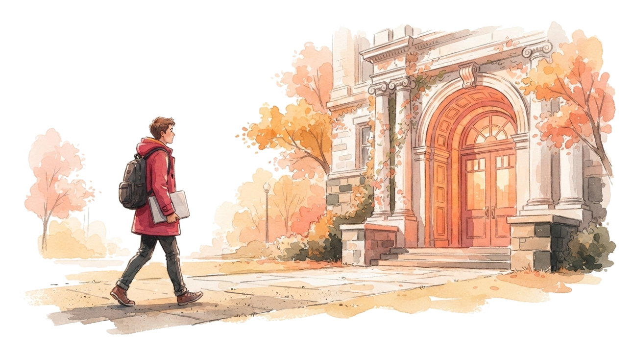 Painterly-Illustration: Hochschulgebäude mit Login-Fluss zu QUESTIONSTAR