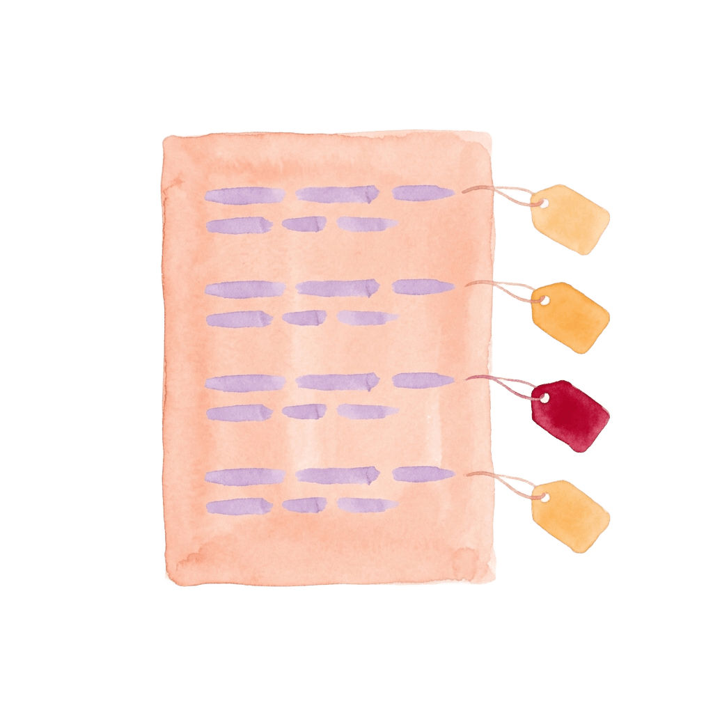 Watercolor-Illustration: eine Liste mit vier Zeilen, an jeder Zeile hängt ein kleines Etikett, eines davon rot.