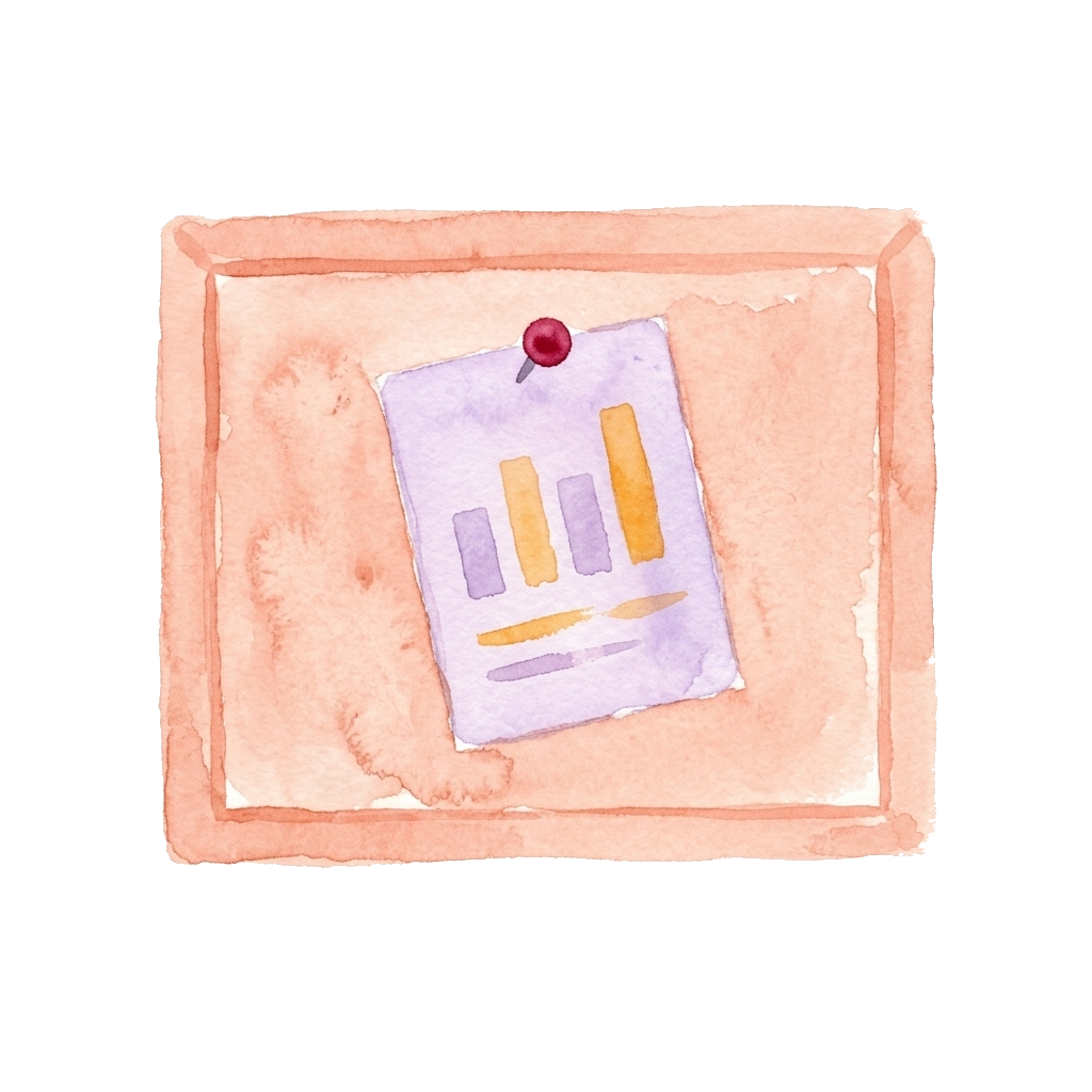 Watercolor-Illustration: ein Bericht mit kleinem Balkendiagramm, an eine Pinnwand geheftet.