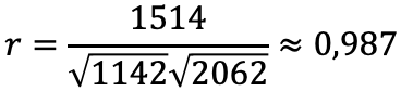 r = 1514 geteilt durch (Wurzel 1142 mal Wurzel 2062) ≈ 0,987