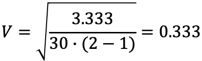 V = Wurzel aus 3,333 geteilt durch 30 mal (2 − 1) = 0,333
