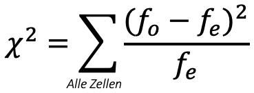 χ² = Σ über alle Zellen (f_o − f_e)² / f_e