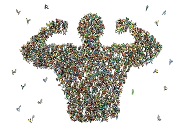 Eine Menschenmenge formt die Silhouette einer kraftvollen Figur — viele Befragte ergeben eine belastbare Stichprobe.