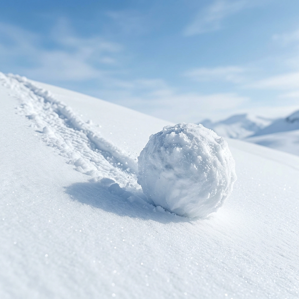 Schneeball rollt einen Hang hinab und wird größer
