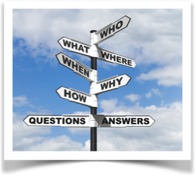 Wegweiser mit Who, What, Where, When, Why, How