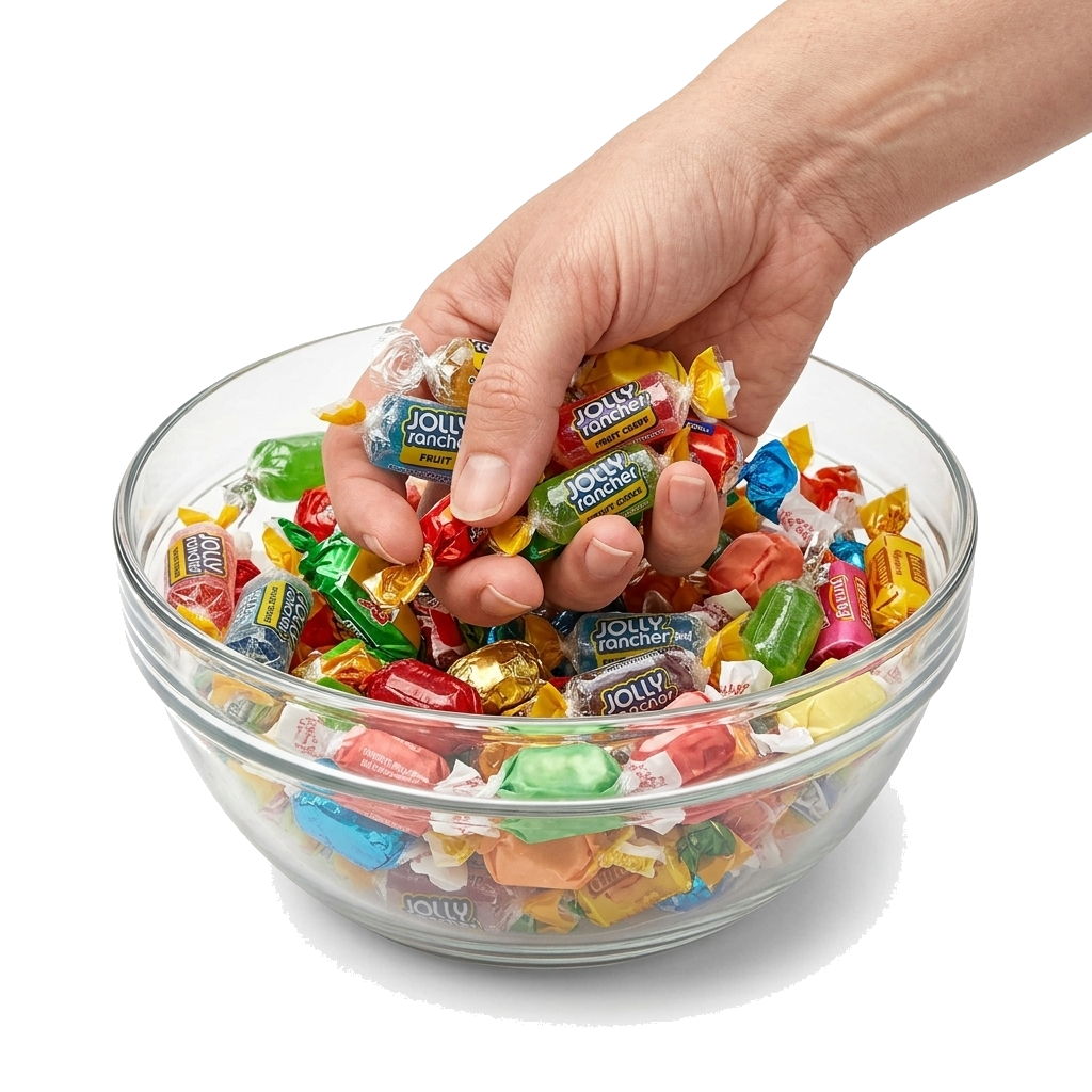 Hand greift wahllos in eine Schale mit Bonbons